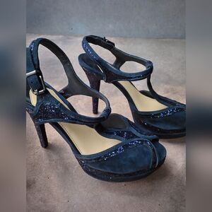 GIANNI BINI Navy Blue Suede, Blue Crystal Leather High Heel Ankle Strap Shoe 10M